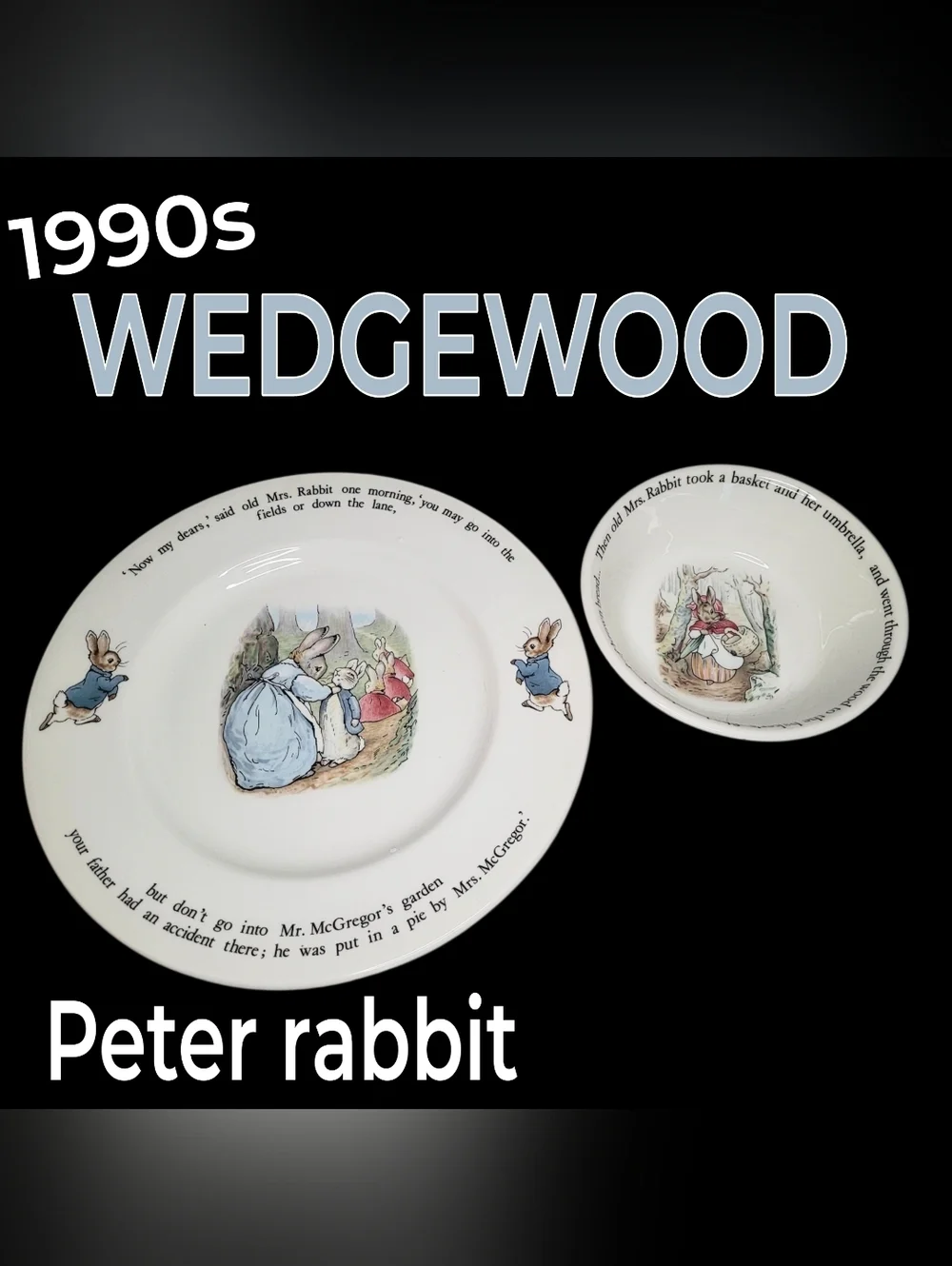 Vintage 1990' Wedgwood Beatrix Potter Peter Rabbit White Bone China Plate & Bowl